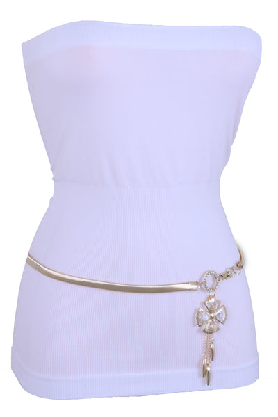 Brand New Women Skinny Elastic Waistband Belt Gold Metal Flower Hip High Waist Size S M L