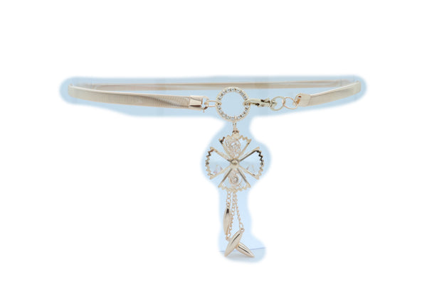 Brand New Women Skinny Elastic Waistband Belt Gold Metal Flower Hip High Waist Size S M L