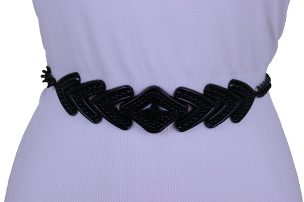 Women Hip High Waist Black Metal Chain Skinny Belt Arrowhead Charm Buckle Adjustable Size Band M L XL