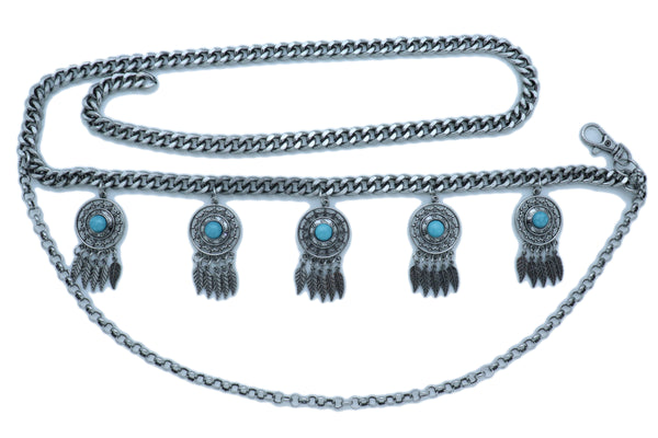 Women Ethnic Belt Vintage Silver Metal Chain Feather Turquoise Blue Charm Fit Sizes M L XL