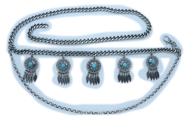 Women Ethnic Belt Vintage Silver Metal Chain Feather Turquoise Blue Charm Fit Sizes M L XL