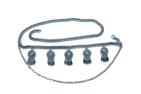 Women Ethnic Belt Vintage Silver Metal Chain Feather Turquoise Blue Charm Fit Sizes M L XL