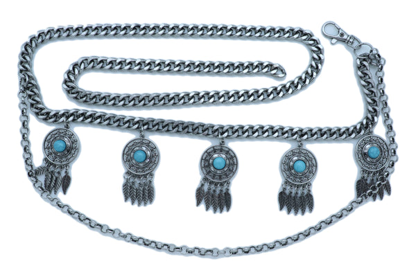 Women Ethnic Belt Vintage Silver Metal Chain Feather Turquoise Blue Charm Fit Sizes M L XL