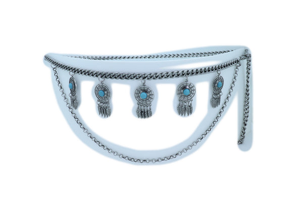 Brand New Women Ethnic Belt Vintage Silver Metal Chain Feather Turquoise Blue Charm M L XL