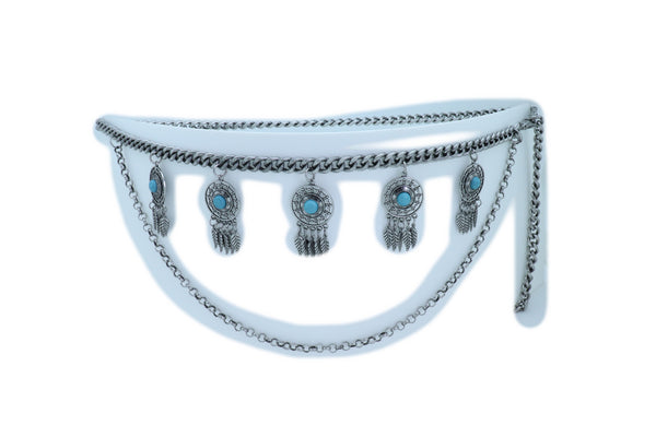 Women Ethnic Belt Vintage Silver Metal Chain Feather Turquoise Blue Charm Fit Sizes M L XL