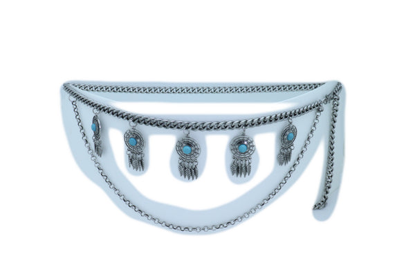 Women Ethnic Belt Vintage Silver Metal Chain Feather Turquoise Blue Charm Fit Sizes M L XL