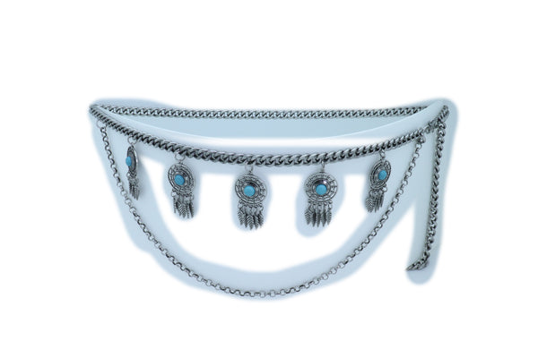 Women Ethnic Belt Vintage Silver Metal Chain Feather Turquoise Blue Charm Fit Sizes M L XL