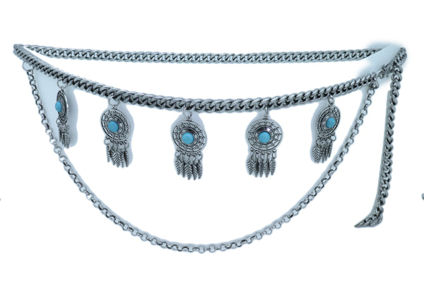 Women Ethnic Belt Vintage Silver Metal Chain Feather Turquoise Blue Charm Fit Sizes M L XL