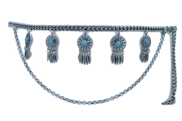 Women Ethnic Belt Vintage Silver Metal Chain Feather Turquoise Blue Charm Fit Sizes M L XL
