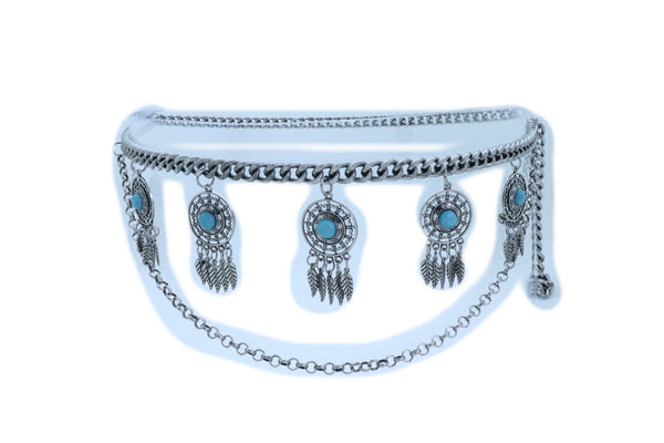 Women Ethnic Belt Vintage Silver Metal Chain Feather Turquoise Blue Charm Fit Sizes M L XL