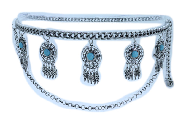 Women Ethnic Belt Vintage Silver Metal Chain Feather Turquoise Blue Charm Fit Sizes M L XL