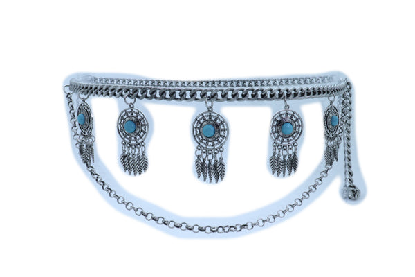 Women Ethnic Belt Vintage Silver Metal Chain Feather Turquoise Blue Charm Fit Sizes M L XL