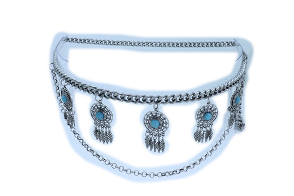 Women Ethnic Belt Silver Metal Chain Feather Turquoise Blue Beads Charms Fits Plus Size XL XXL