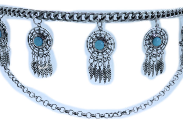 Women Ethnic Belt Silver Metal Chain Feather Turquoise Blue Beads Charms Fits Plus Size XL XXL