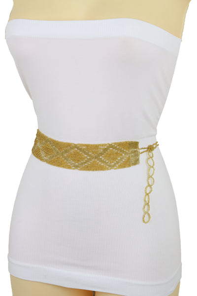Women Tie Fashion Belt Yellow Gold Beads Wrap Around Hip High Waist Adjustable Size Band M L