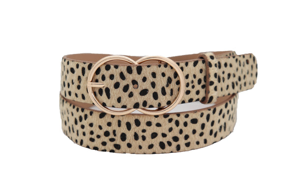 Brand New Women Gold Metal Buckle Hip Waist Fashion Faux Leather Cheetah Leopard Belt S M