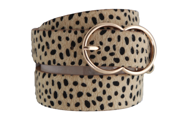 Brand New Women Gold Metal Buckle Hip Waist Fashion Faux Leather Cheetah Leopard Belt S M