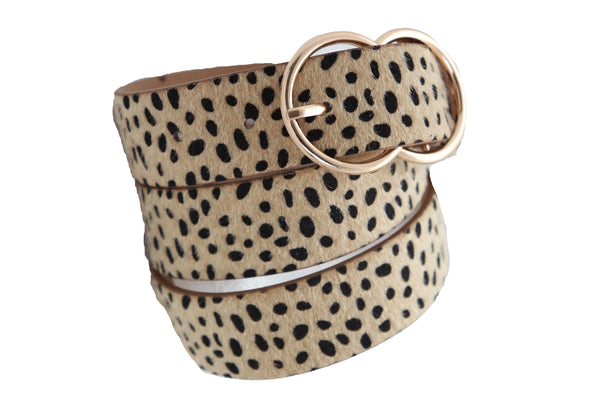 Brand New Women Gold Metal Buckle Hip Waist Fashion Faux Leather Cheetah Leopard Belt S M