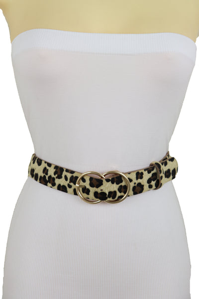 Brand New Women Hip Waist Fashion Belt Beige Faux Leather Leopard Animal Print Size M L