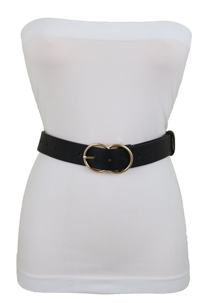 Brand New Women Black Faux Leather Fashion Belt Dressy Fancy Gold Buckle Plus Size L XL