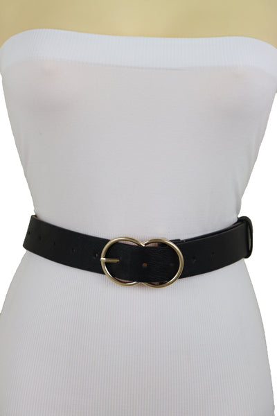 Brand New Women Black Faux Leather Fashion Belt Dressy Fancy Gold Buckle Plus Size L XL