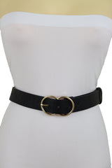 Black Faux Leather Fashion Belt Dressy Fancy Gold Buckle Plus Size L XL