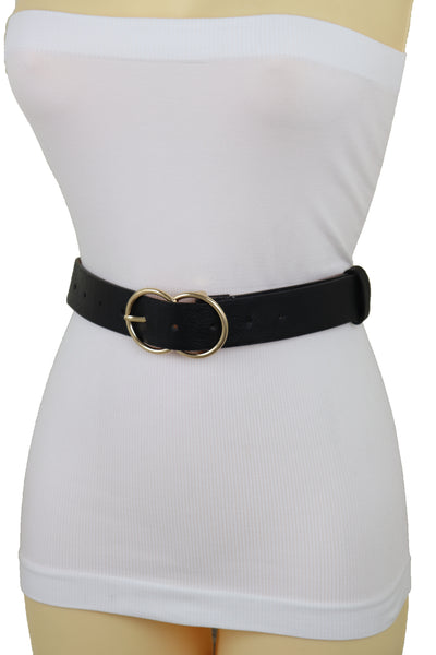 Brand New Women Black Faux Leather Fashion Belt Dressy Fancy Gold Buckle Plus Size L XL