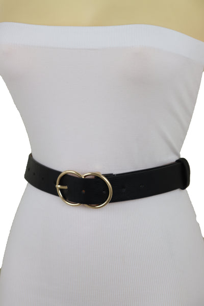 Brand New Women Black Faux Leather Fashion Belt Dressy Fancy Gold Buckle Plus Size L XL