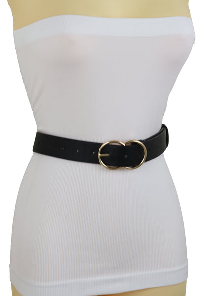 Brand New Women Black Faux Leather Fashion Belt Dressy Fancy Gold Buckle Plus Size L XL
