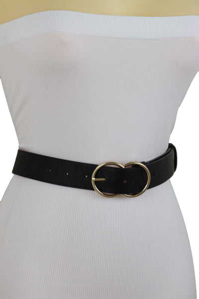 Brand New Women Black Faux Leather Fashion Belt Dressy Fancy Gold Buckle Plus Size L XL