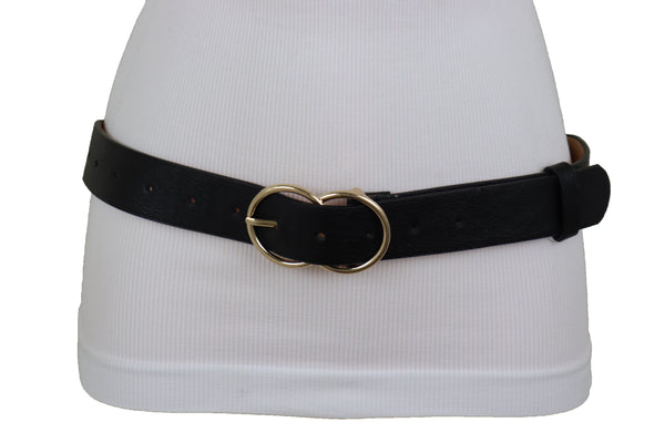 Brand New Women Black Faux Leather Fashion Belt Dressy Fancy Gold Buckle Plus Size L XL