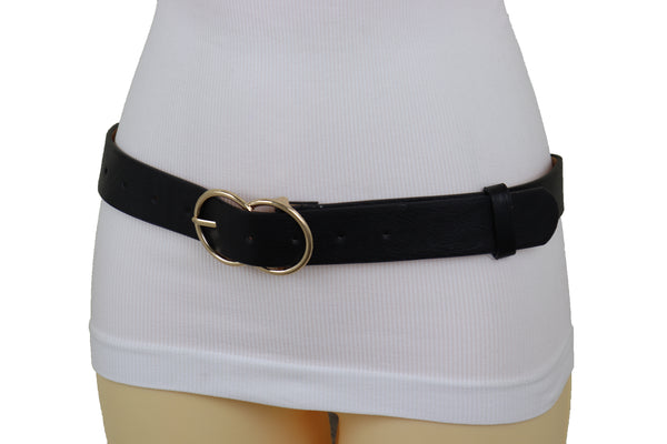 Brand New Women Black Color Faux Leather Classic Belt Hip High Waist Gold Buckle Size S M