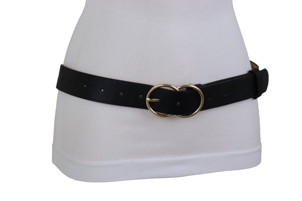 Brand New Women Black Faux Leather Fashion Belt Dressy Fancy Gold Buckle Plus Size L XL