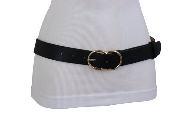 Women Black Color Faux Leather Classic Belt Hip High Waist Gold Buckle Adjustable Size S M