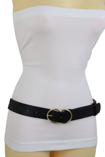 Brand New Women Black Faux Leather Fashion Belt Dressy Fancy Gold Buckle Plus Size L XL