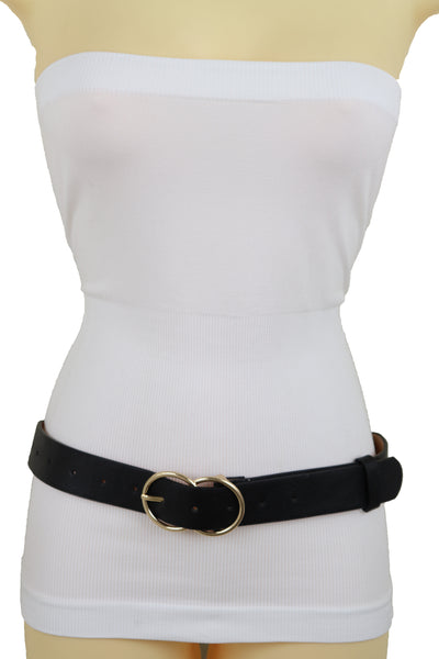 Brand New Women Black Faux Leather Fashion Belt Dressy Fancy Gold Buckle Plus Size L XL