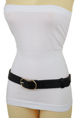 Black Color Faux Leather Classic Belt Hip High Waist Gold Buckle Size S M
