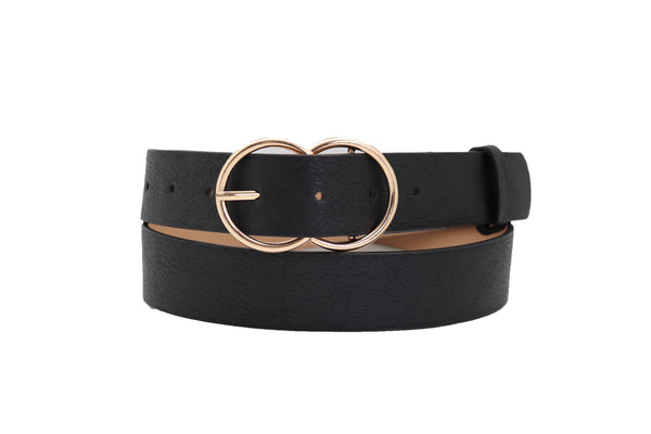 Women Black Color Faux Leather Classic Belt Hip High Waist Gold Buckle Adjustable Size S M