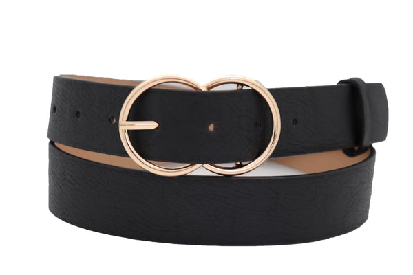 Brand New Women Black Faux Leather Fashion Belt Dressy Fancy Gold Buckle Plus Size L XL