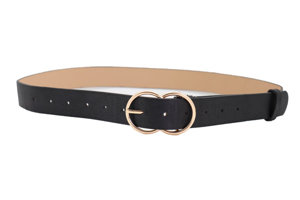 Women Black Color Faux Leather Classic Belt Hip High Waist Gold Buckle Adjustable Size S M