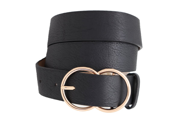 Brand New Women Black Faux Leather Fashion Belt Dressy Fancy Gold Buckle Plus Size L XL