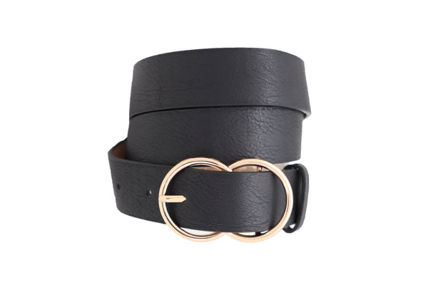Brand New Women Black Faux Leather Fashion Belt Dressy Fancy Gold Buckle Plus Size L XL