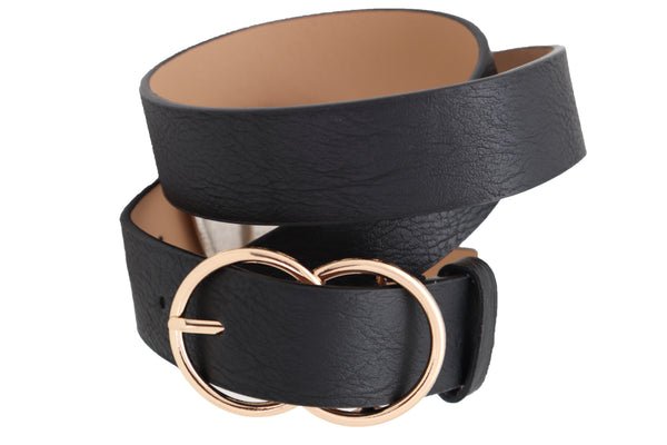 Brand New Women Black Faux Leather Fashion Belt Dressy Fancy Gold Buckle Plus Size L XL