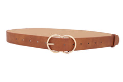 Brown Color Faux Leather Fashion Belt Hip Waist Gold Metal Buckle Size M L