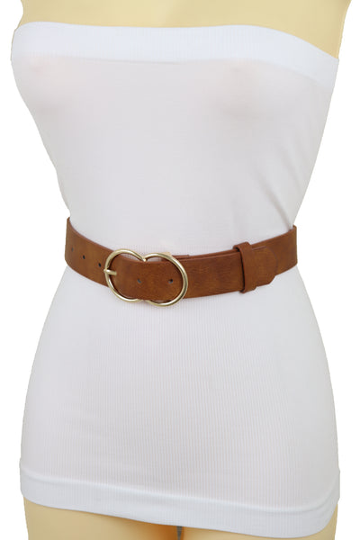 Brand New Women Brown Color Faux Leather Fashion Belt Hip Waist Gold Metal Buckle Size M L