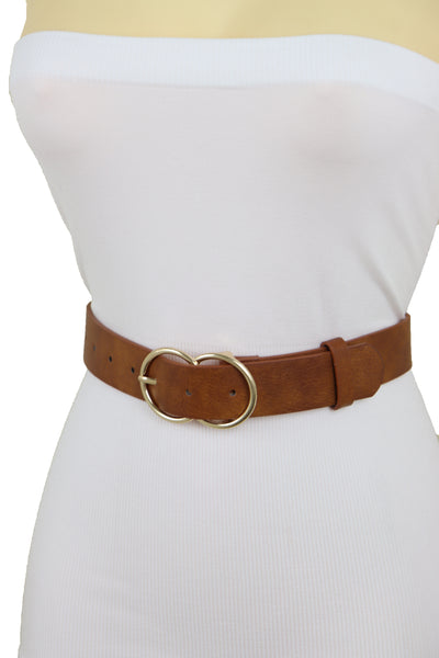 Brand New Women Gold Metal Buckle Chocolate Brown Faux Leather Belt Hip Waist Size L XL