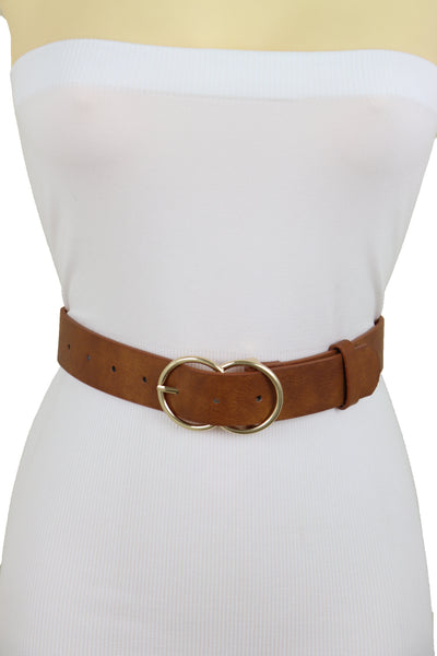 Brand New Women Gold Metal Buckle Chocolate Brown Faux Leather Belt Hip Waist Size L XL