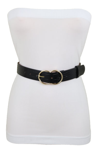 Brand New Women Belt Black Faux Leather Crocodile Stamp Gold Metal Circle Buckle Size M L