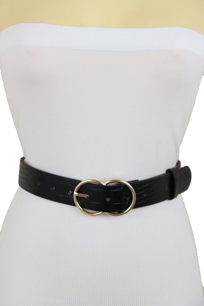 Brand New Women Belt Black Faux Leather Crocodile Stamp Gold Metal Circle Buckle Size M L