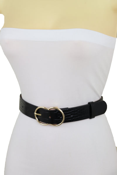 Brand New Women Belt Black Faux Leather Crocodile Stamp Gold Metal Circle Buckle Size M L